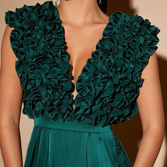 Green Party Women's Plunging Neck Ruffle Wide Leg Jumpsuit - Picture 6 of 6